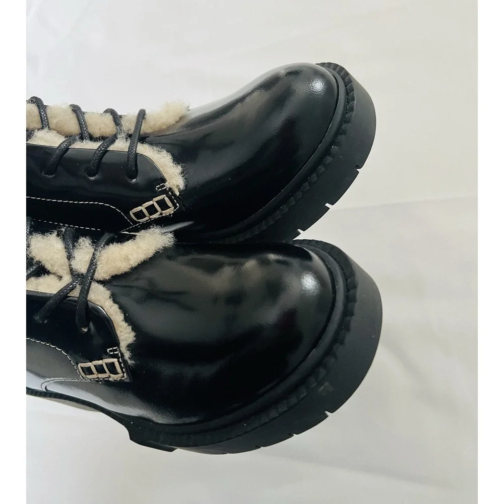 COACH Black High Shine Leather Shearling Combat Booties Uniform Dress Shoes 9.5B